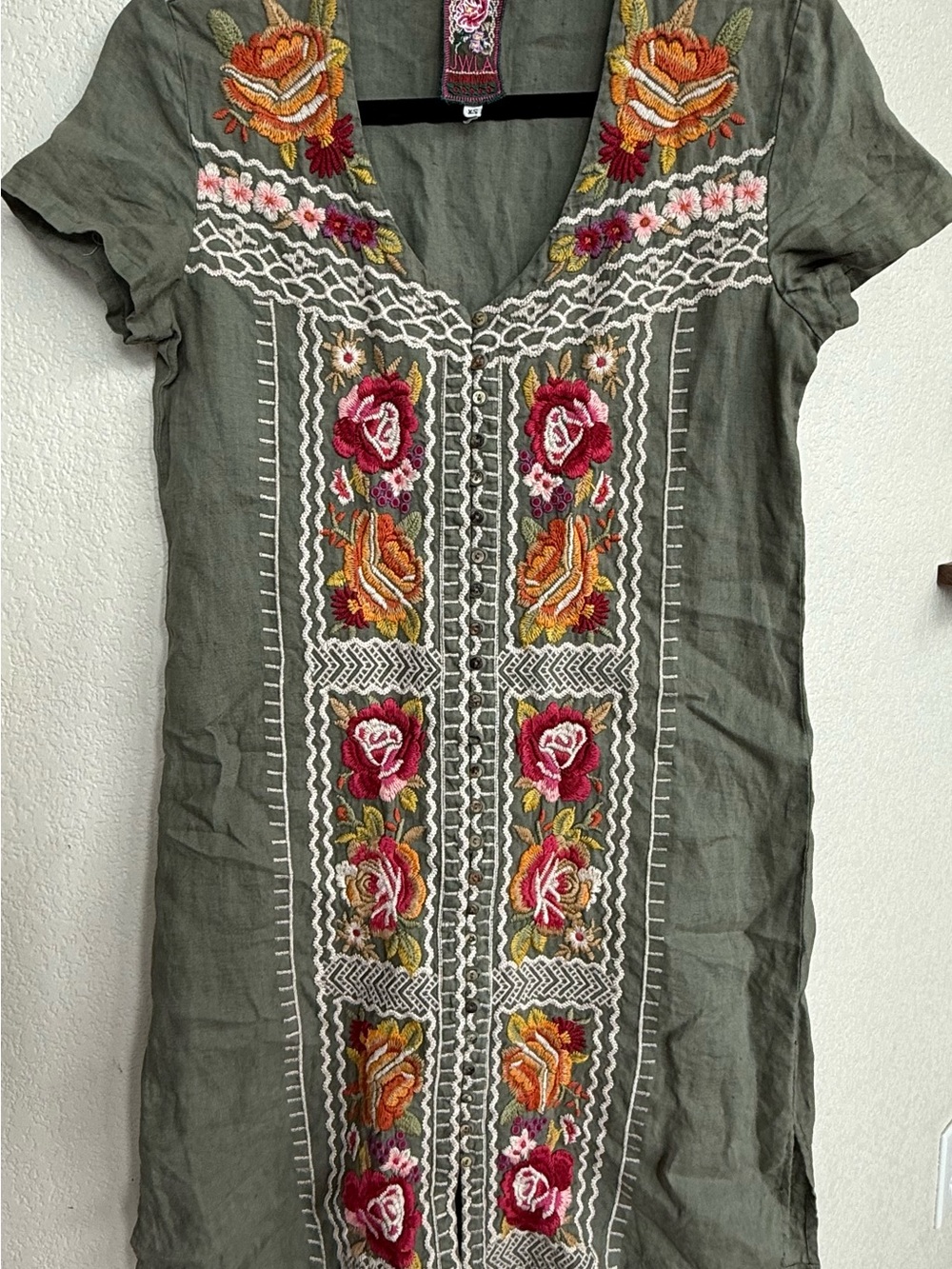 Johnny Was Olive Green Embroidered Floral Midi Dress linen xs nwot